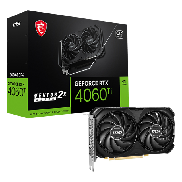 Tarjeta de video Nvidia MSI GeForce RTX 4060 TI Ventus 2X Black 8G OC, DLSS 3, RAY TRACING, REFLEX, STUDIO, GDDR6, 912-V515-024