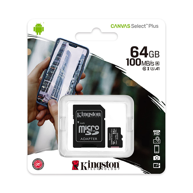 Memoria Micro SD Kingston Canvas Select Plus, 64GB, 100MB/seg Lectura, Velocidad de clase UHS-I, U1, V10, SDCS2/64GB