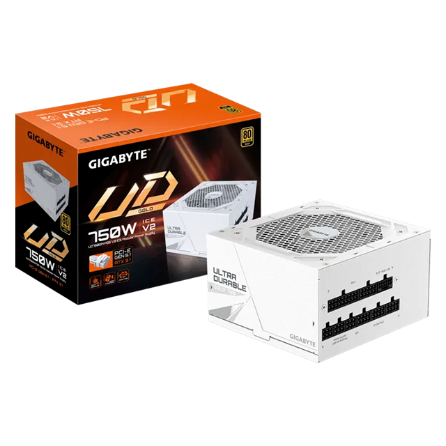 Fuente de Poder Gigabyte UD750GM PG5 ICE, 750W, 80 Plus Gold, ATX 3.1, PCIe 5.1, Full modular, blanco – GP-UD750GM PG5 ICE