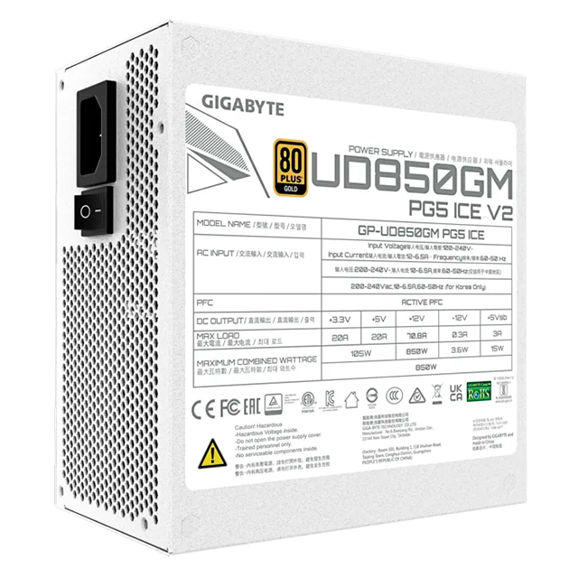 Fuente de Poder Gigabyte GP-UD850GM PG5 ICE, 850W, 80 Plus Gold, ATX 3.0, PCIe 5.0, Modular, Blanco