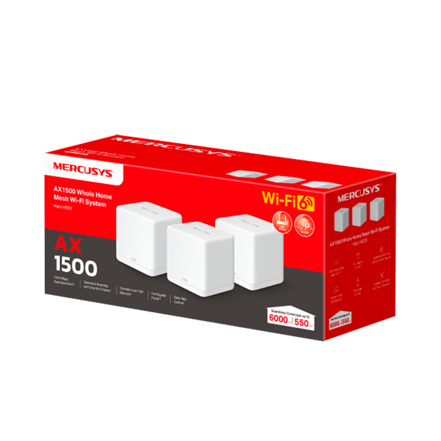 Sistema Wi-Fi Mesh Mercusys Halo H60X (Wi-Fi 6 AX1500, Doble Banda, 3 Unidades, Cobertura para todo el Hogar