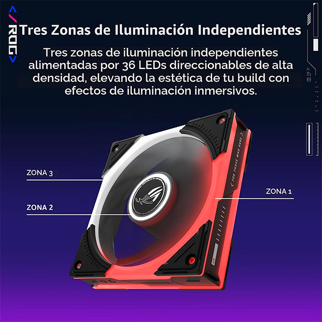 Kit de 3 Ventiladores ASUS ROG Eurux GR120, 120 mm, ARGB, 2600 RPM, 85 CFM, 4.5 mmH₂O, Aura Sync, Negro/Blanco – 90DA00J0-B08020