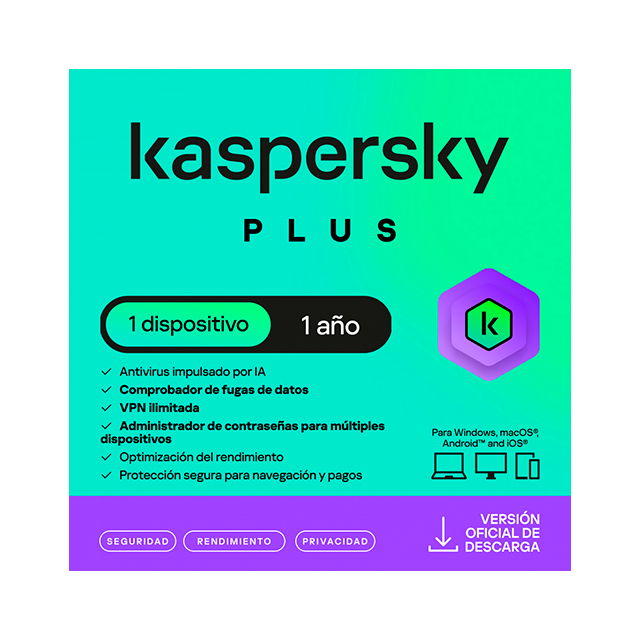 Kaspersky Plus, 1 Dispositivo, Suscripción 12 Meses, Licencia Digital ESD – KL1042ZDAFS