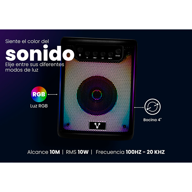 Bocina Vorago KSP-180, 3”, RGB, TWS, Hasta 4 Horas, Bluetooth, USB, Micro SD, 3.5 mm