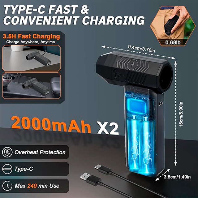 Soplador/Aspiradora Inalámbrico Longzhuo 2 en 1, 150,000 RPM, 6 boquillas, batería 8000 mAh, USB-C, LCD – Longzhuo 2in1