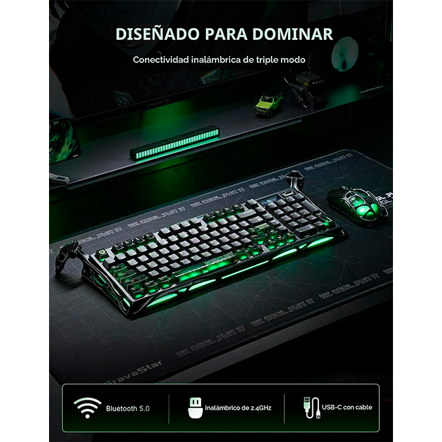 Teclado Mecánico Inalámbrico GravaStar Mercury K98 Pro Phantom Black, 98%, 98 Teclas, Pantalla TFT 1.65", 8000 Hz, Bluetooth 5.4, 2.4 GHz, RGB – GS K98 PRO_GM