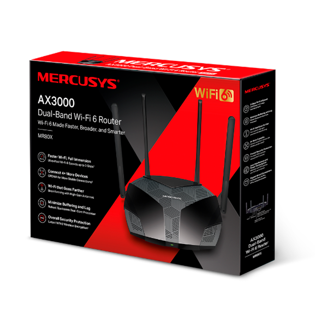Router Mercusys MR80X Wi-Fi 6 AX3000, Doble Banda, Quad-Core, 4 Antenas, Gigabit - MR80X 