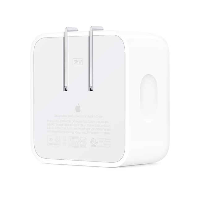 Cargador Apple Dual USB-C, 35 W, 2 Puertos USB-C, Adaptador de Corriente Compacto, Blanco – MW2H3AM/A