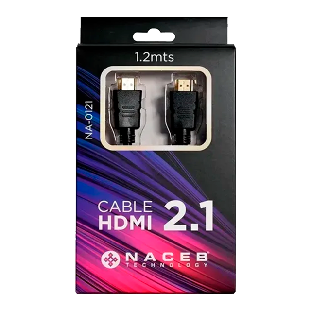 Cable HDMI Naceb Technology 2.1, 1.2 m, 8K 60 Hz, 4K 120 Hz, 48 Gbps, eARC, VRR, Conectores Bañados en Oro, Negro – NA-0121