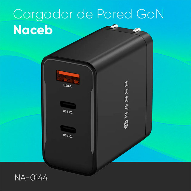 Cargador de Pared Naceb NA-0144, GaN, 65W, 2× USB-C + USB-A