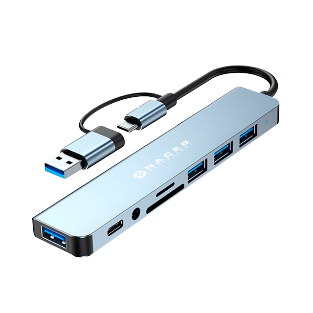 Adaptador Naceb USB-C/A 8 en 1, USB 3.0, 3× USB 2.0, USB-C, SD/TF, AUX – NA-0149
