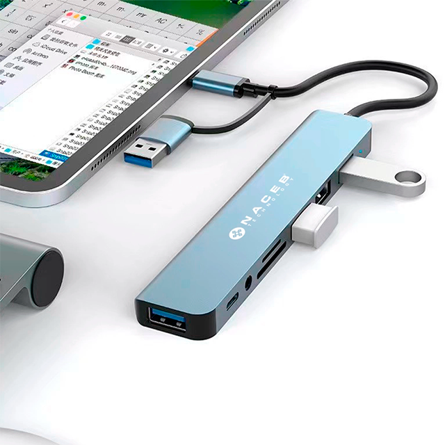 Adaptador Naceb USB-C/A 8 en 1, USB 3.0, 3× USB 2.0, USB-C, SD/TF, AUX – NA-0149