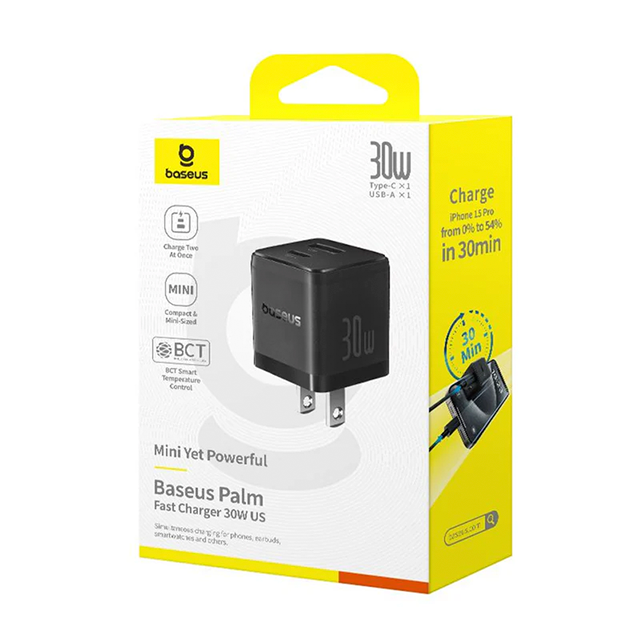 Cargador de Pared Baseus, 30W, USB-C + USB-A, Carga Rápida, Negro – P1011160B113-00