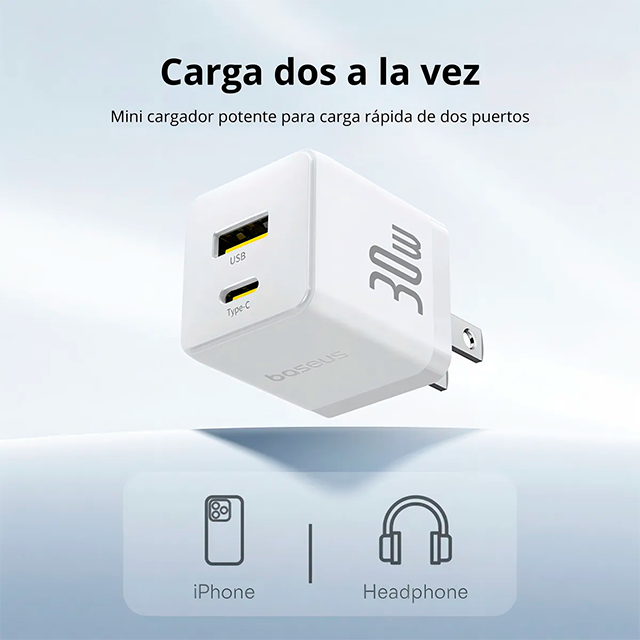 Cargador de Pared Baseus, 30W, USB-C + USB-A, Carga Rápida, Blanco – P1011160B213-00