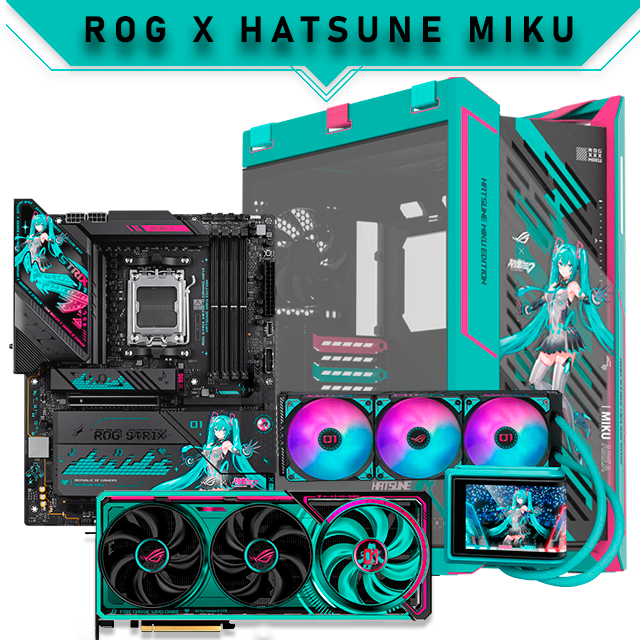 ASUS ROG Hatsune Miku Edition Incluye Tarjeta Madre ASUS ROG STRIX X870E-H, Tarjeta de video ASUS ROG ASTRAL RTX 5080 OC, Enfriamiento Liquido ASUS ROG RYUO IV 360 ARGB ,GABINETE ASUS ROG STRIX HELIOS II GX601S