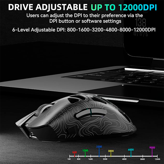 Mouse Gamer AULA SC620 Black/Lines, inalámbrico tri-mode, Bluetooth/2.4 GHz/USB-C, 12,000 DPI, 1000Hz, RGB – 8500-0120