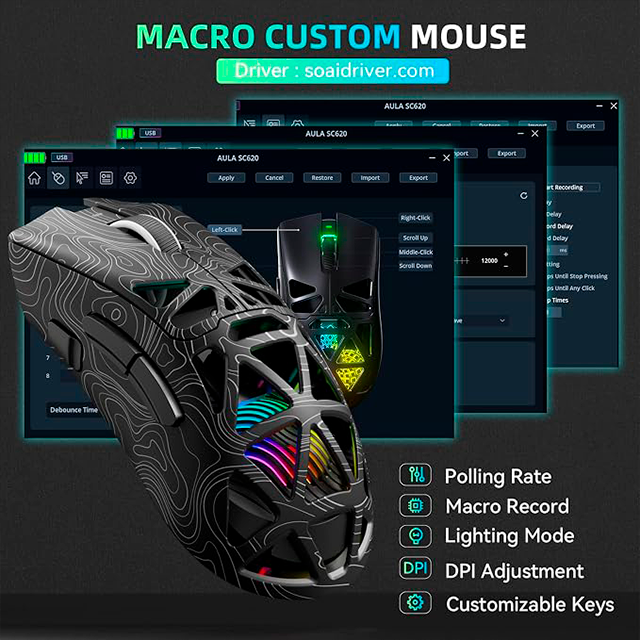 Mouse Gamer AULA SC620 Black/Lines, inalámbrico tri-mode, Bluetooth/2.4 GHz/USB-C, 12,000 DPI, 1000Hz, RGB – 8500-0120
