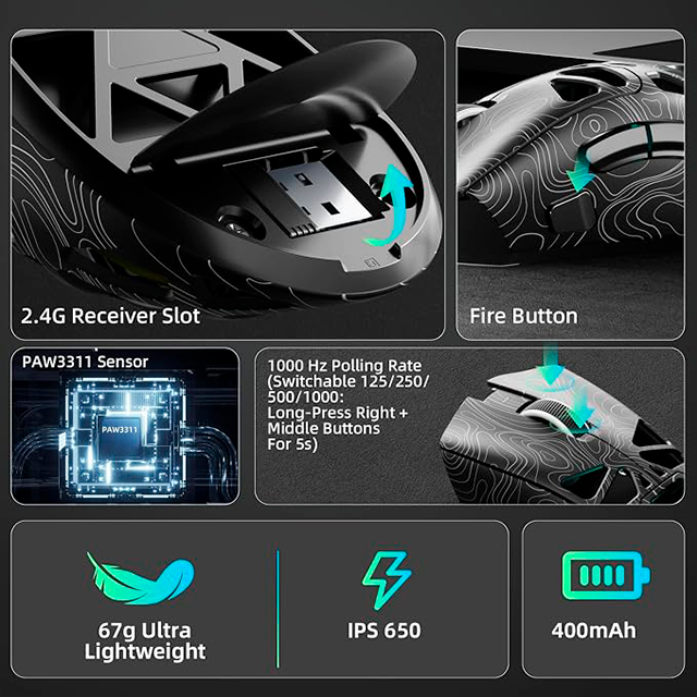 Mouse Gamer AULA SC620 Black/Lines, inalámbrico tri-mode, Bluetooth/2.4 GHz/USB-C, 12,000 DPI, 1000Hz, RGB – 8500-0120
