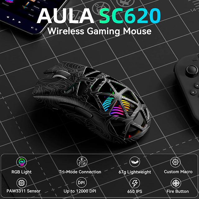 Mouse Gamer AULA SC620 Black/Lines, inalámbrico tri-mode, Bluetooth/2.4 GHz/USB-C, 12,000 DPI, 1000Hz, RGB – 8500-0120