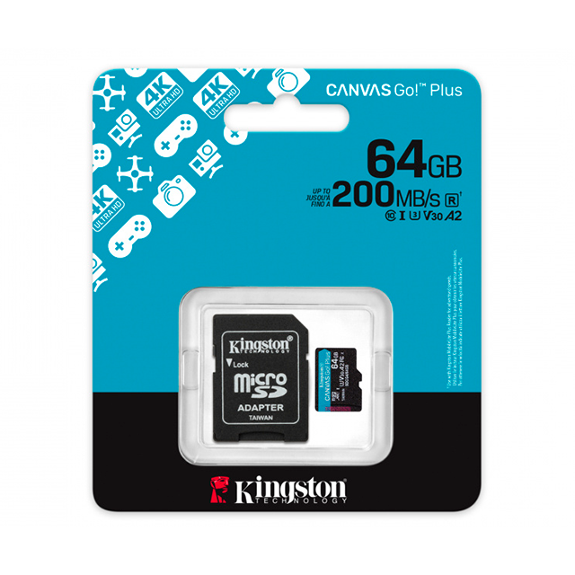 Memoria MicroSD Kingston Canvas Go! Plus, 64GB, UHS-I U3, V30, A2, hasta 200 MB/s, incluye adaptador SD – SDCG4/64GB