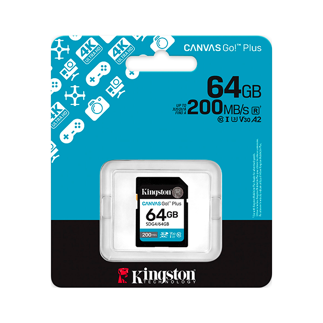 Memoria SDXC Kingston Canvas Go! Plus G4 64GB, Clase 10, UHS-I U3, V30, 200 MB/s – SDG4/64GB