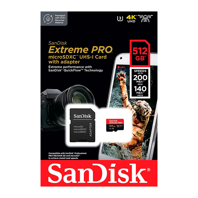Memoria MicroSDXC SanDisk Extreme PRO, 512 GB, UHS-I, Clase 10, U3, V30, A2, hasta 200 MB/s - SDSQXCD-512G-GN6MA
