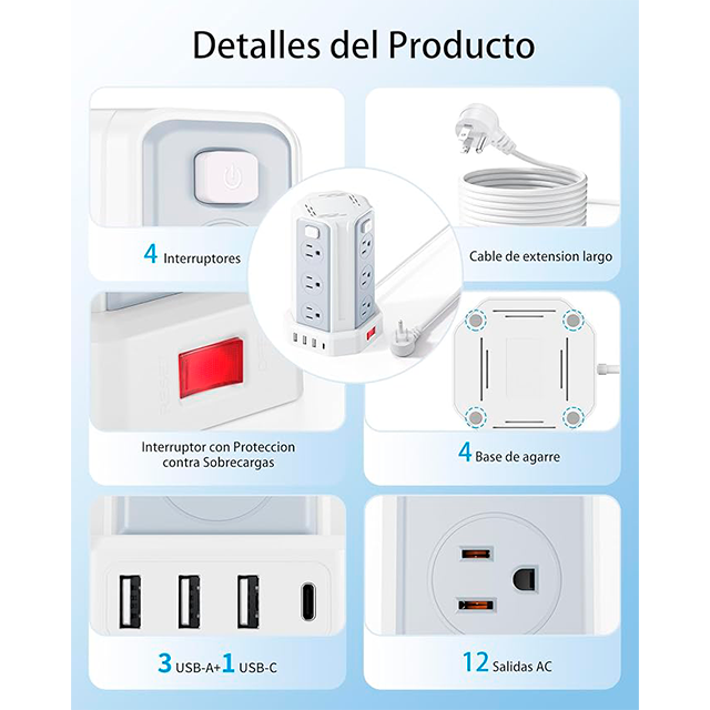 Torre Multicontacto SMALLRT, 12 salidas, 4 USB (1 USB-C), 1700J, cable 1.98 m – SMALLRT Torre blanco  