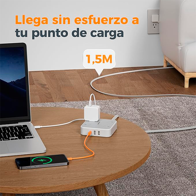 Regleta Multicontacto TESSAN, 4 salidas, 3 USB (1 USB-C), protector de sobretensión, cable plano 1.5 m, gris 