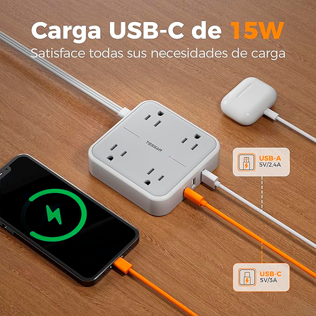 Regleta Multicontacto TESSAN, 4 salidas, 3 USB (1 USB-C), protector de sobretensión, cable plano 1.5 m, gris 