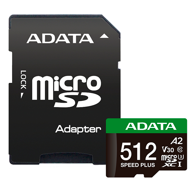 Tarjeta de Memoria MicroSD ADATA Speed Plus, 512GB, Clase 10, UHS-I, U3, V30, A2, con Adaptador – UD512GUI3V30A2SP-RA1