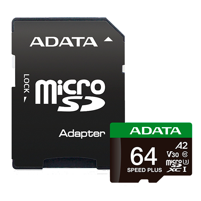 Tarjeta de Memoria MicroSD ADATA Speed Plus, 64GB, Clase 10, UHS-I, U3, V30, A2, con Adaptador – UD64GUI3V30A2SP-RA1