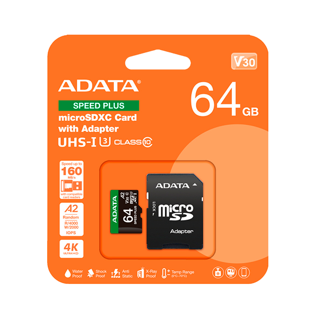 Tarjeta de Memoria MicroSD ADATA Speed Plus, 64GB, Clase 10, UHS-I, U3, V30, A2, con Adaptador – UD64GUI3V30A2SP-RA1