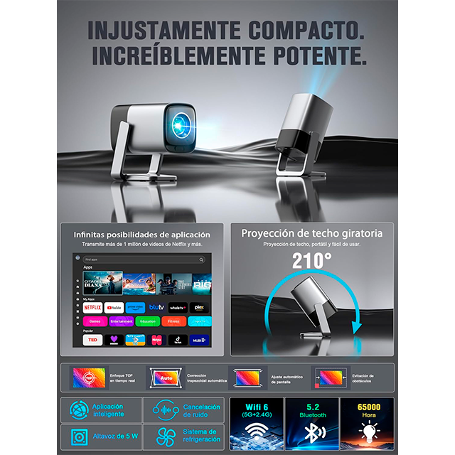 Mini Proyector Portátil XuanPad Smart, Full HD 1080p, Autofocus TOF, Wi-Fi 6, Netflix Oficial, Giro 210°